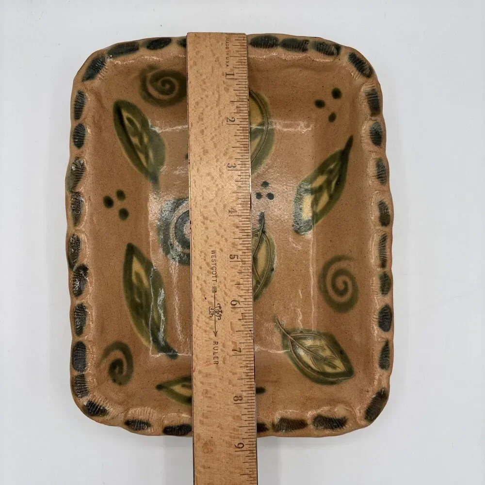 Vintage Signed Studio Pottery Tray Hand Painted Leaf Swirl Motif Terracotta Dish